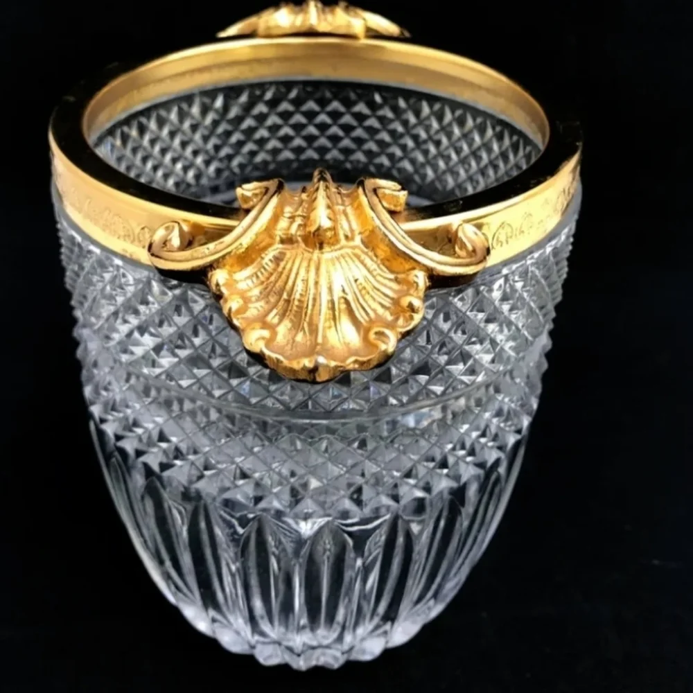 Vintage Hollywood Regency Crystal Glass Ice Bucket with Gold Trim